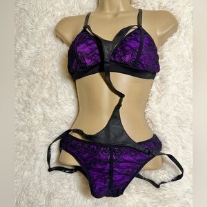 Black and purple lace, leather pole dancing outfit